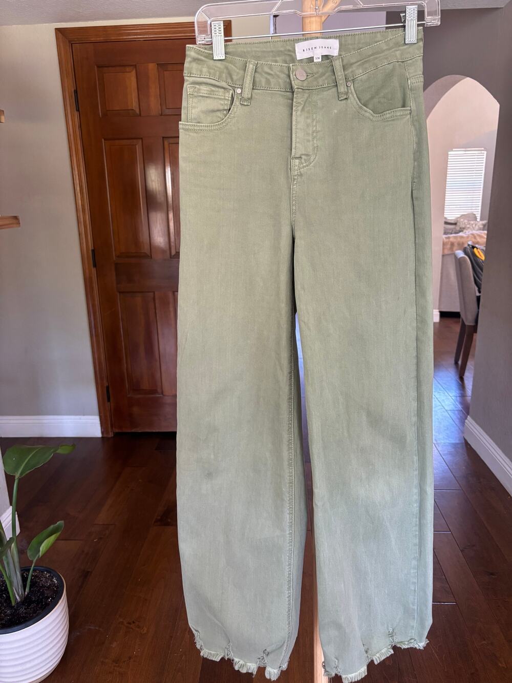 Risen Jeans High Rise Wide Leg Raw Hem Jeans Womens 3/26 Sage Olive Green Denim
